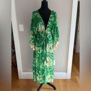 FarmRio Green Floral Kimono with Tassels